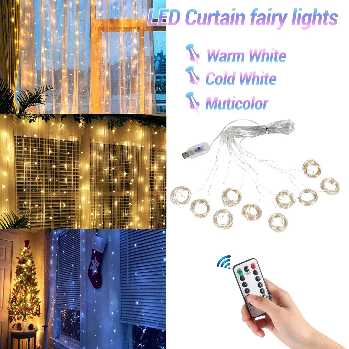 Christmas Lights Curtain Garland Merry Christmas Decorations For Home 2024 New Year Decor