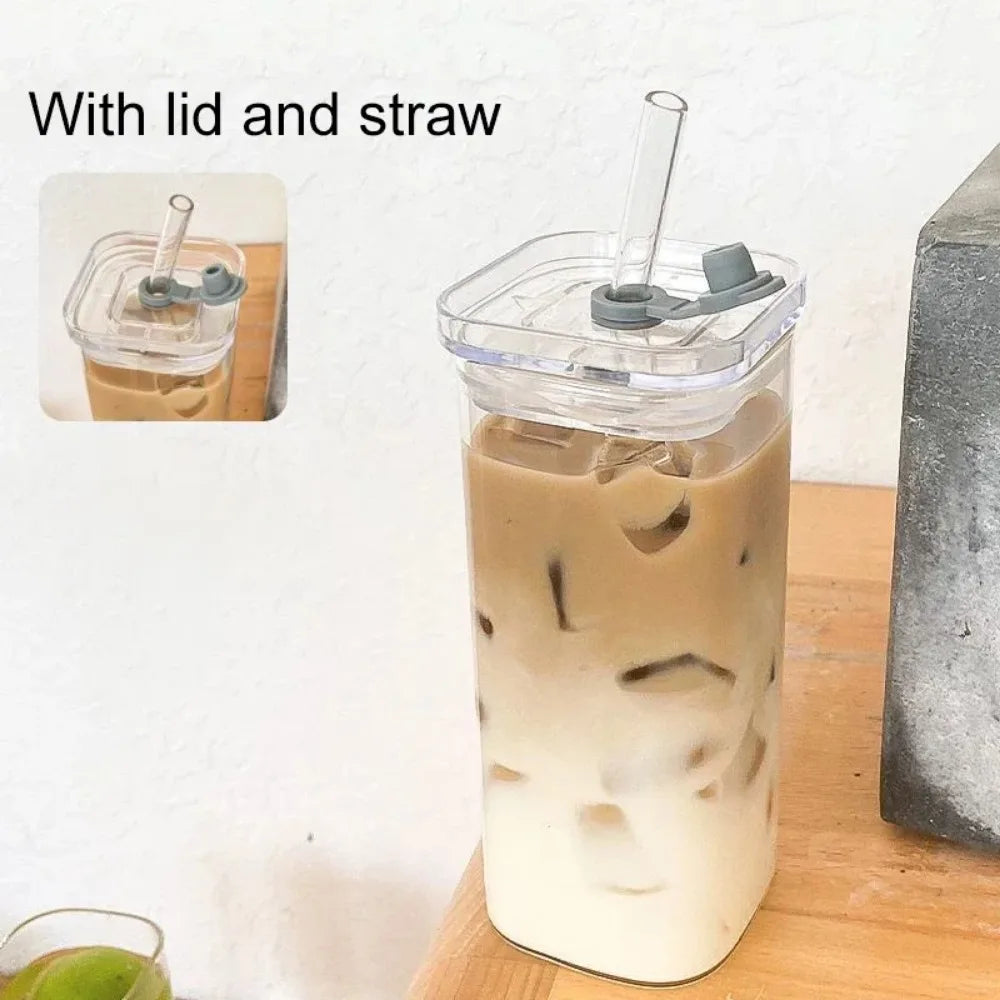 1pc Square Glass Coffee Mug with Lid & Straw Transparent Drinkware for Iced Coffee, Milk, Beer for Kitchen & Dining Coffee Cup