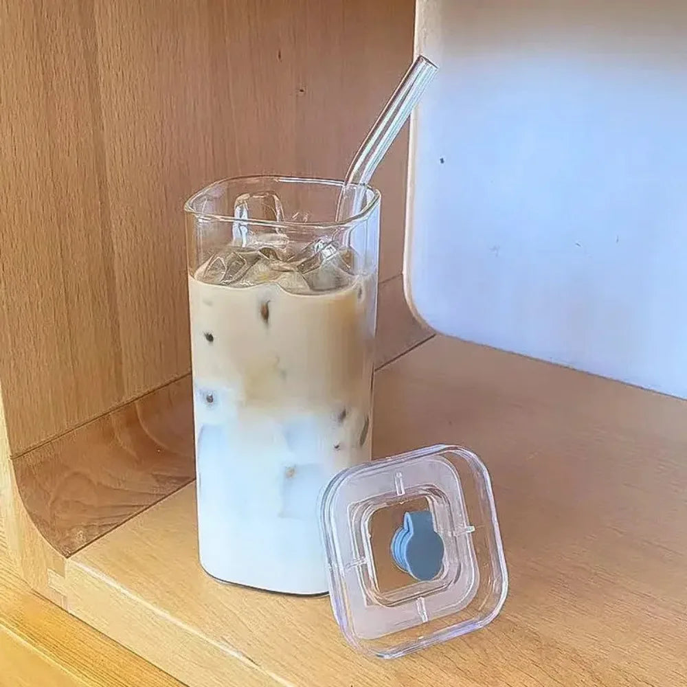 1pc Square Glass Coffee Mug with Lid & Straw Transparent Drinkware for Iced Coffee, Milk, Beer for Kitchen & Dining Coffee Cup