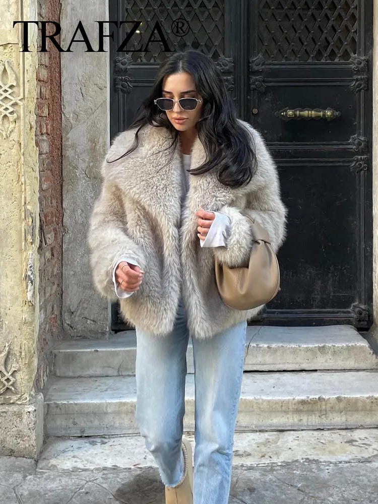 2024 Women Fashion Cropped Faux Fur Jacket Coat Long Sleeve Front Snap-button Female Outerwear Collar Thick Coat