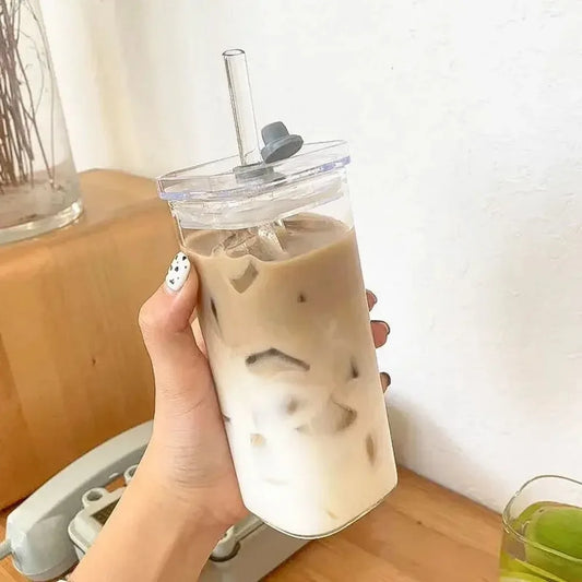 1pc Square Glass Coffee Mug with Lid & Straw Transparent Drinkware for Iced Coffee, Milk, Beer for Kitchen & Dining Coffee Cup