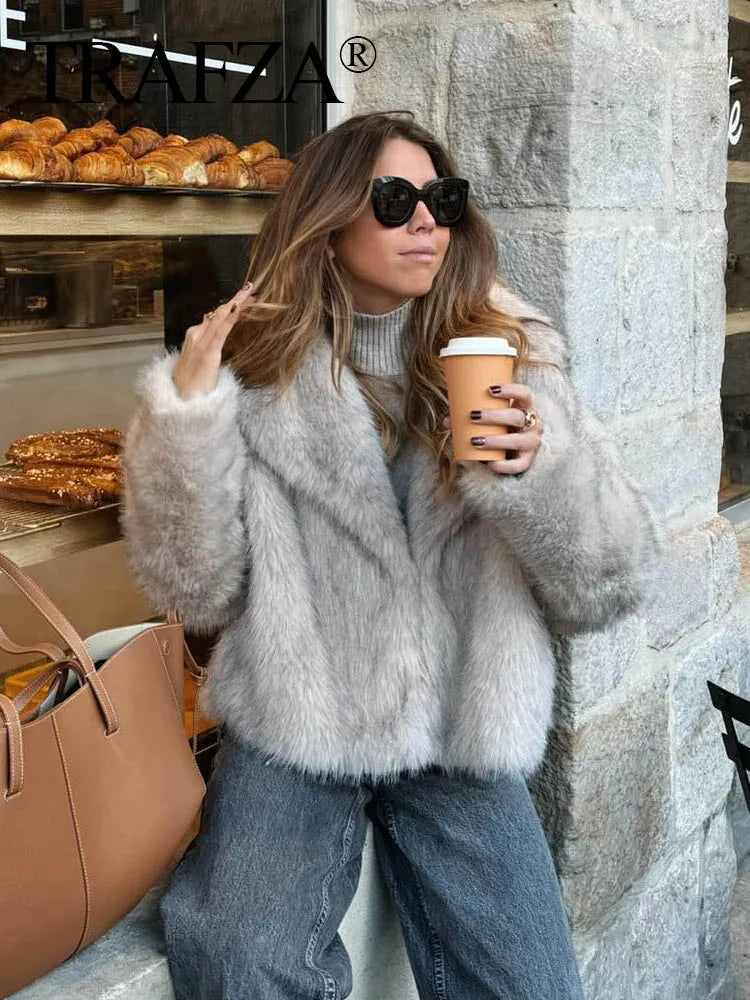 2024 Women Fashion Cropped Faux Fur Jacket Coat Long Sleeve Front Snap-button Female Outerwear Collar Thick Coat