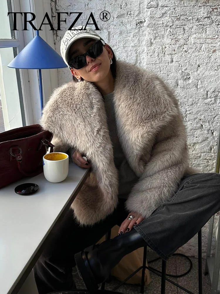 2024 Women Fashion Cropped Faux Fur Jacket Coat Long Sleeve Front Snap-button Female Outerwear Collar Thick Coat