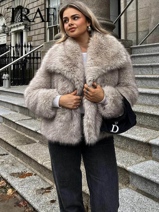 2024 Women Fashion Cropped Faux Fur Jacket Coat Long Sleeve Front Snap-button Female Outerwear Collar Thick Coat